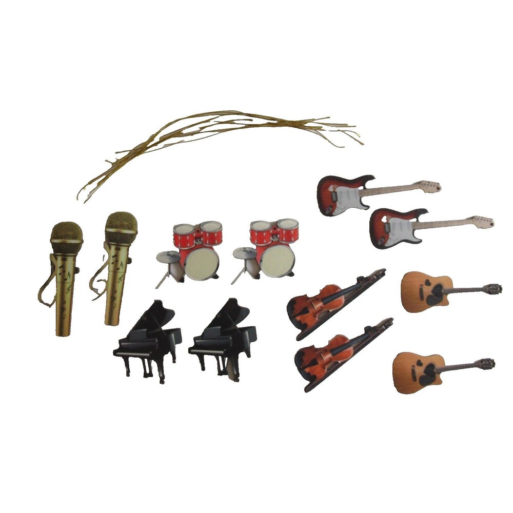 Lot of 12 2-sided Flat Painted Wood Ornaments Music Drum Microphone Piano Violin
